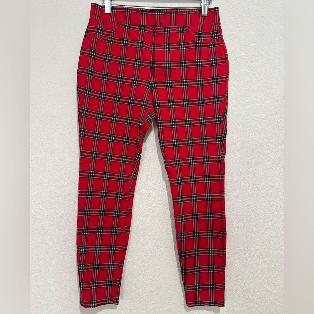 SANCTUARY by Anthropologie red tartan plaid stretch leggings, size L. Like new!